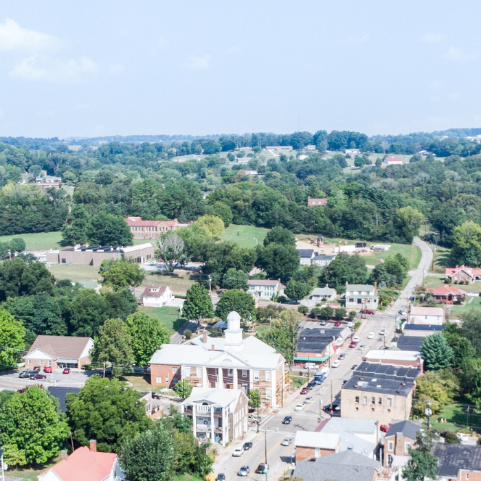 JCC_Home_Mayor aerial view of downtown Dandridge, TN, looking from Douglas Lake into downtown featuring the Mayor's Office and Court House