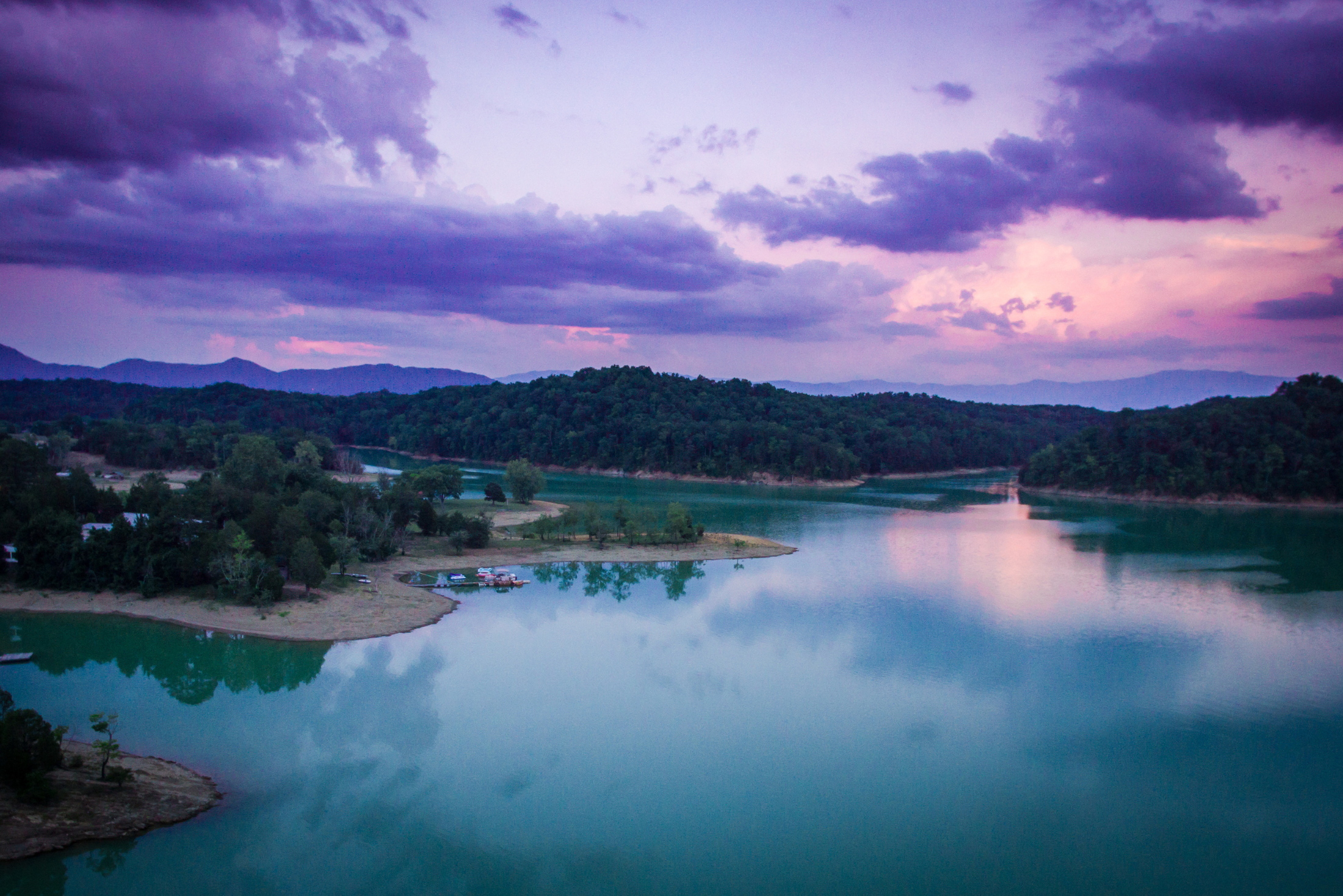 JC_Lake Aerial at Dusk aerial view of a jefferson county tn lake at dusk