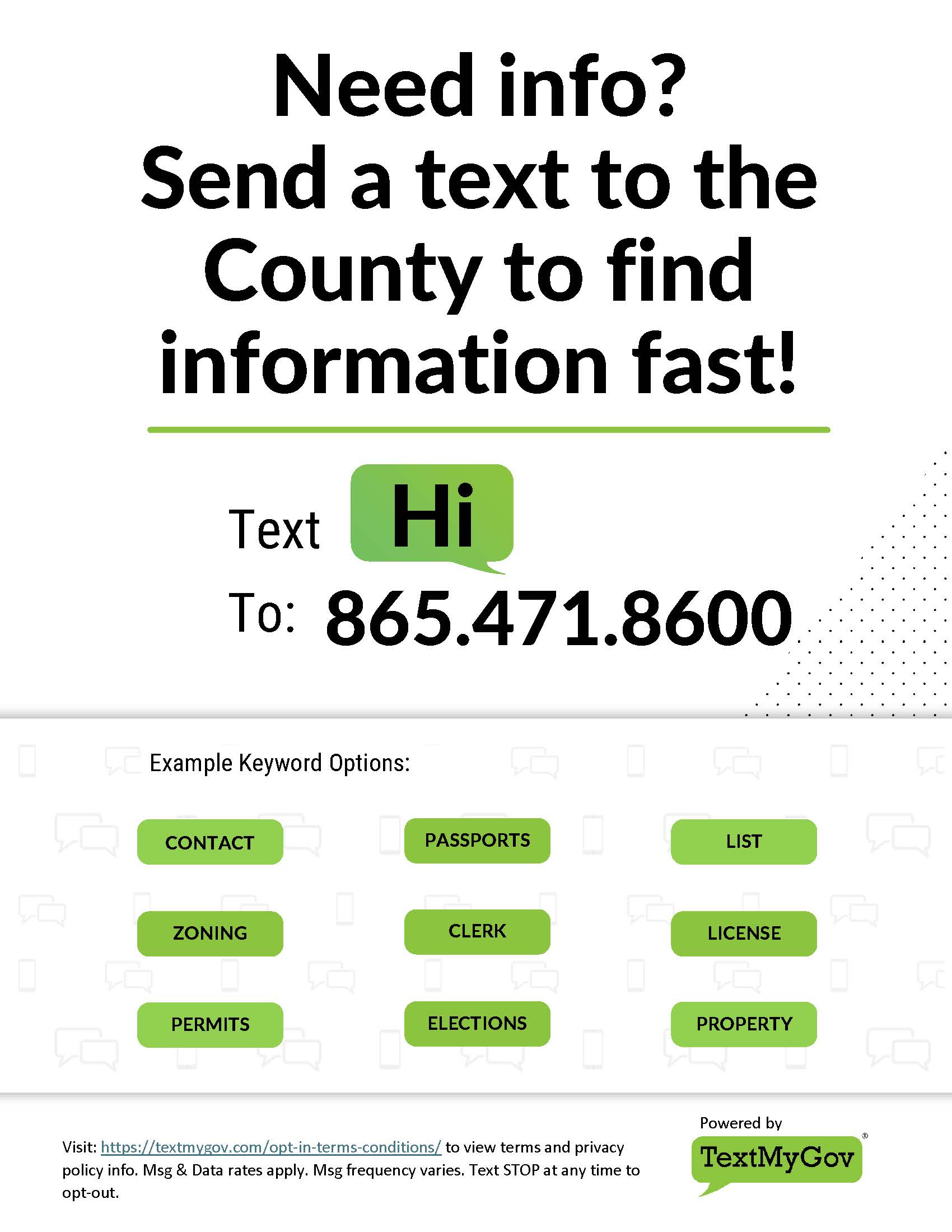 TextMyGov informational graphic explaining how to find information regarding county services via TextMyGov by texting hi to 865-471-8600