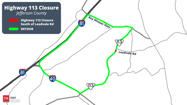 photo of SR113 closure detour routes in jefferson county tn